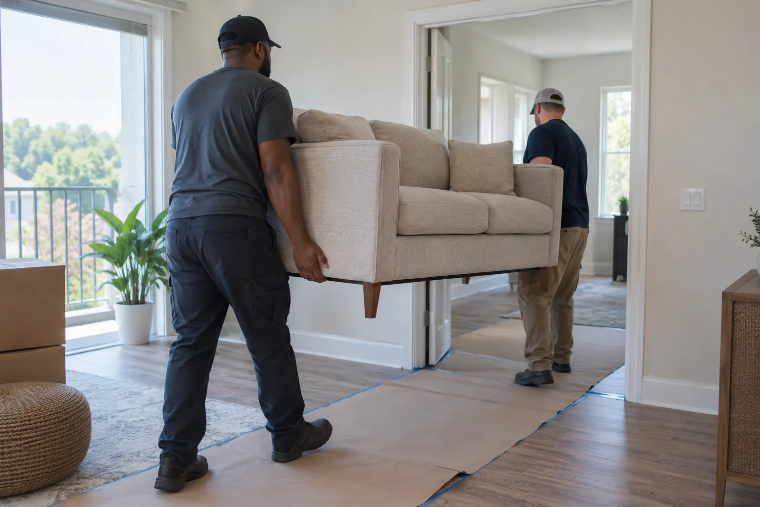 Workers carefully carrying a sofa through a protected apartment route